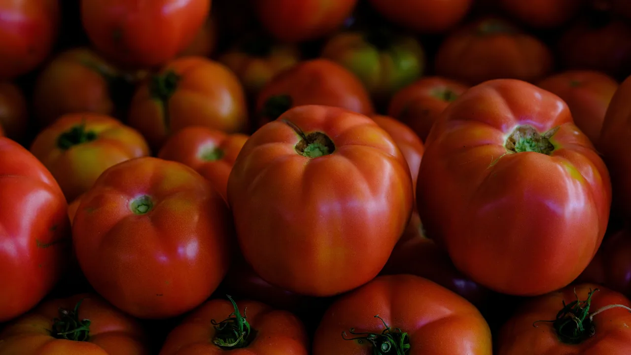 Tomates rouges fraîches et mûres empilées en gros plan